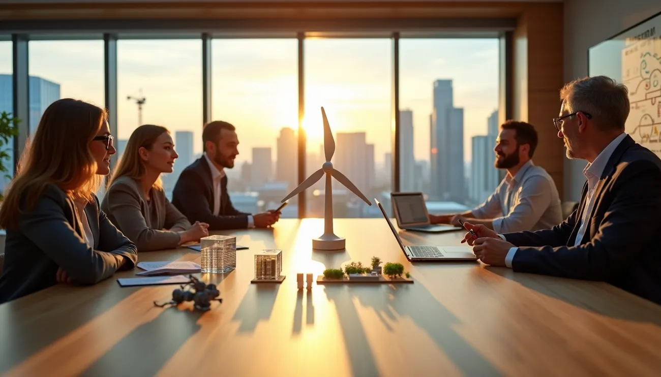 Business team discussing sustainable energy solutions with wind turbine model at sunset in modern office.