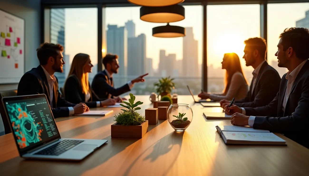 Business team in a modern office meeting at sunset with plants and AI data on a laptop screen.
